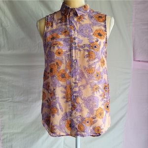 H&M Orange and Purple Floral Sheer High Low Sleeveless Blouse Size 4
